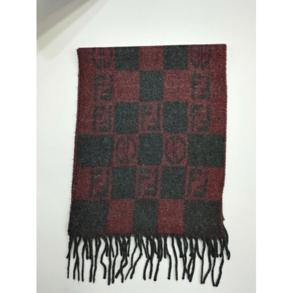 Fendi Red Grey Zucca Print Logo Fringe Wool Scarf - Picture 3 of 3